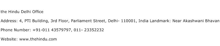 the Hindu Delhi Office Address Contact Number