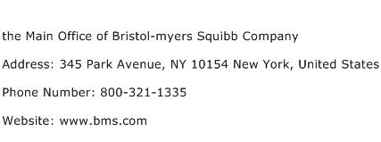 the Main Office of Bristol myers Squibb Company Address Contact Number