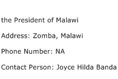 the President of Malawi Address Contact Number